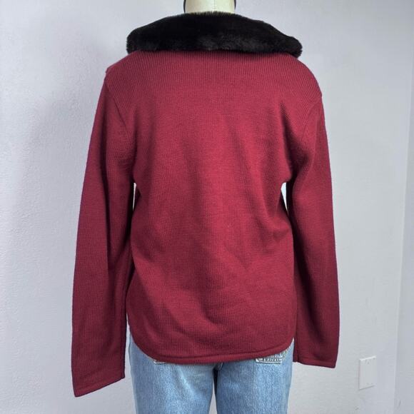 Vintage Burgundy Embroidered Cardigan Sweater Faux Fur Collar Beaded Medium Pet - Picture 5 of 7